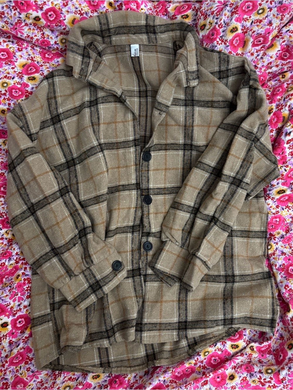 Beige Plaid Button-Up Flannel Shacket Long Sleeve Jacket Outerwear